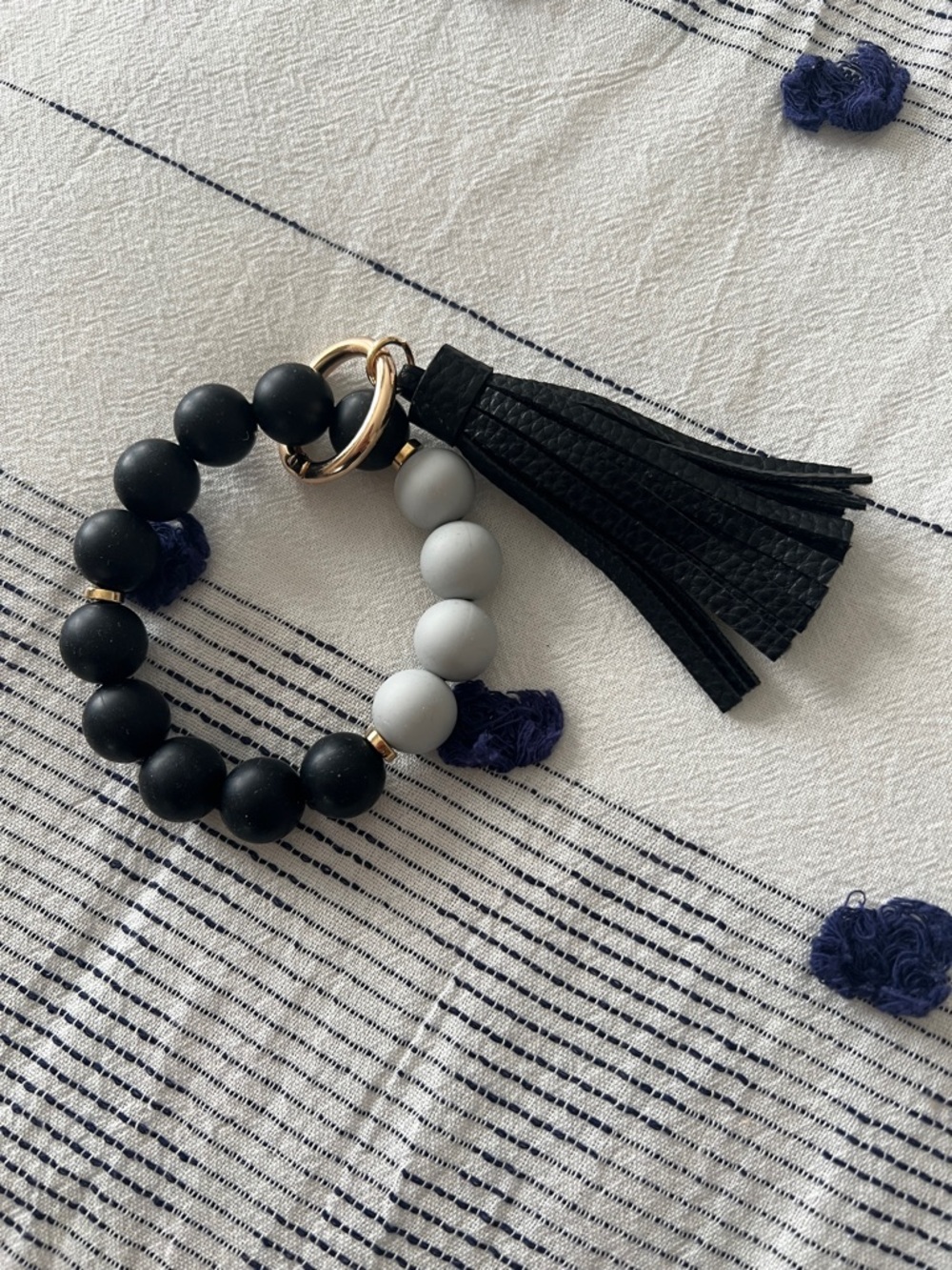 Beaded Wristlet Keychain with Black Leather Tassel